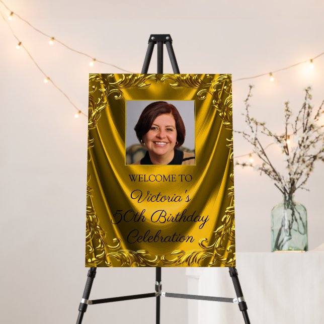 Womans Gold Photo Birthday Welcome Sign (In Situ (Stand))