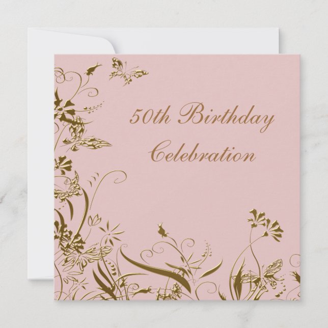Womans Gold Pink Butterfly 50th Birthday Invitation (Front)
