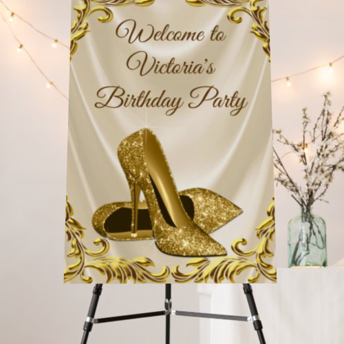 Womans Gold Shoe Birthday Party Welcome Sign