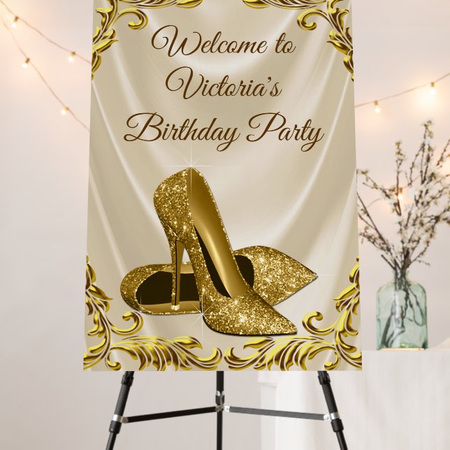 Womans Gold Shoe Birthday Party Welcome Sign (In Situ (Stand))