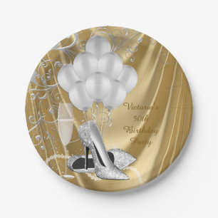 Womans Gold Silver Shoe Birthday Party Paper Plate