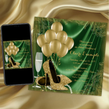 Womans Green And Gold Birthday Party Satin Glitter Invitation by Pure_Elegance at Zazzle