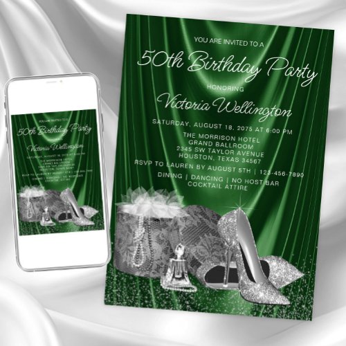 Womans Green Silver Shoe Any Number Birthday Invitation