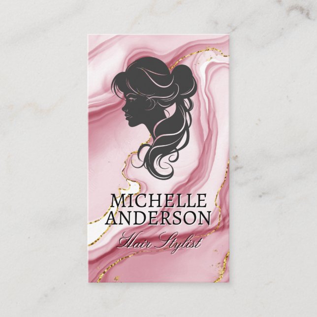 Womans Hair Profile | Pink Gold Marble Business Card (Front)