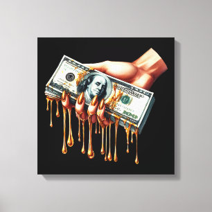womans hand 100 dollar bill liquid gold dripping canvas print