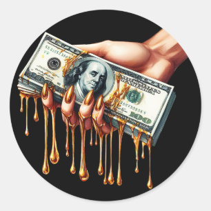 womans hand 100 dollar bill liquid gold dripping  classic round sticker