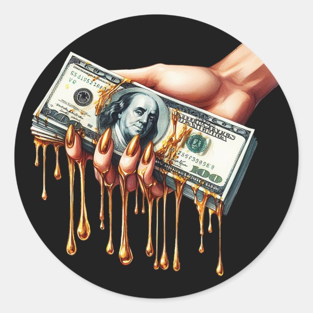 womans hand 100 dollar bill liquid gold dripping  classic round sticker (Front)