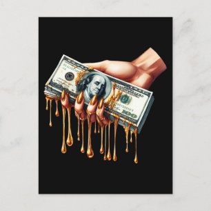 womans hand 100 dollar bill liquid gold dripping postcard