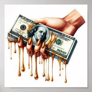 womans hand 100 dollar bill liquid gold dripping  poster