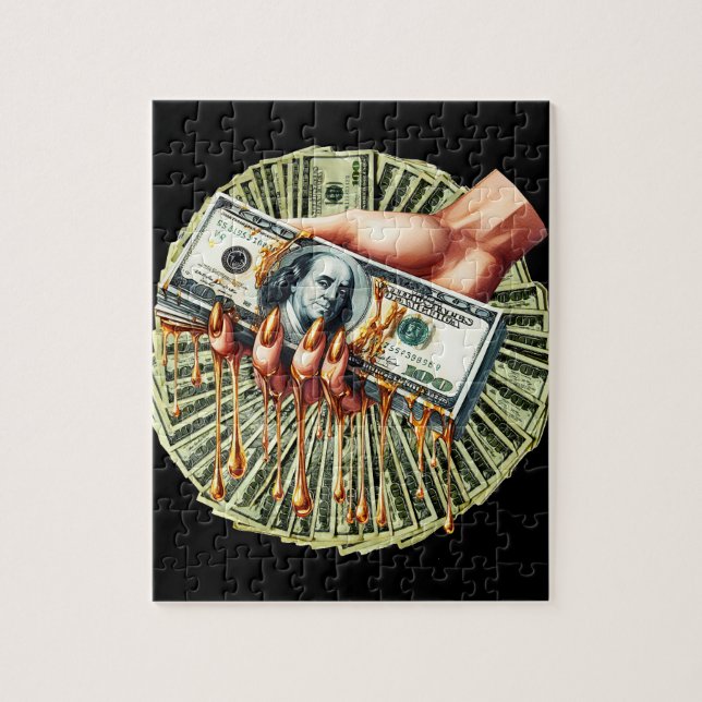 womans hand 100 dollar bills dripping liquid gold  jigsaw puzzle (Vertical)