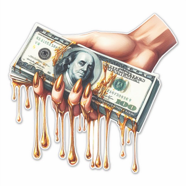 womans hand 100 dollar bills dripping liquid gold sticker (Front)