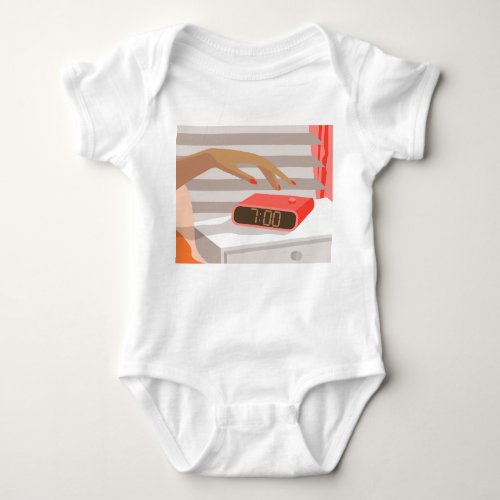 Womans hand pushing on alarm clock snooze button baby bodysuit