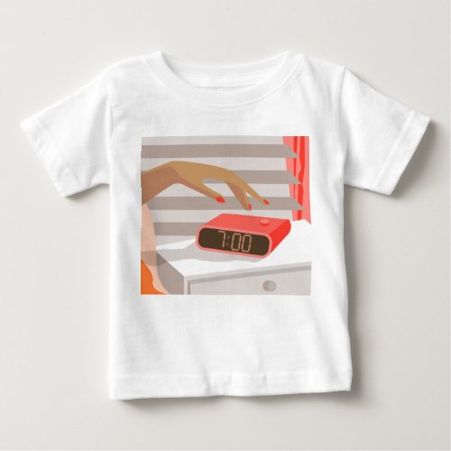 Womans hand pushing on alarm clock snooze button baby T_Shirt