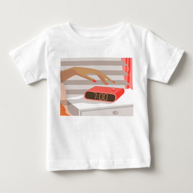 Womans hand pushing on alarm clock snooze button baby T-Shirt (Front)