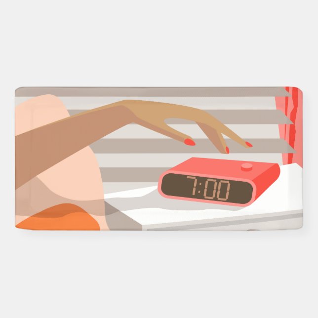 Womans hand pushing on alarm clock snooze button banner (Horizontal)