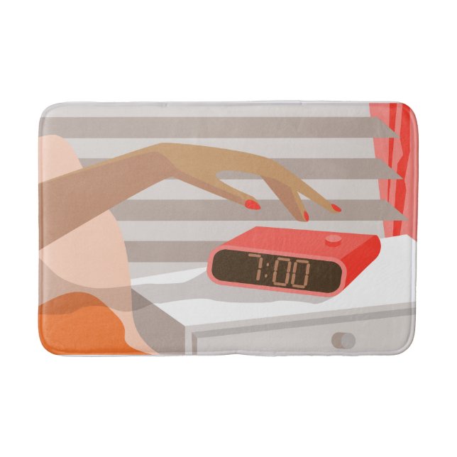 Womans hand pushing on alarm clock snooze button bath mat (Front)