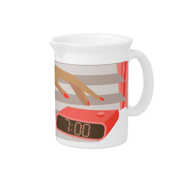 Womans hand pushing on alarm clock snooze button beverage pitcher (Right)