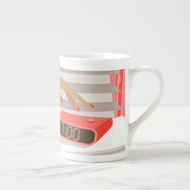 Womans hand pushing on alarm clock snooze button bone china mug (Right)