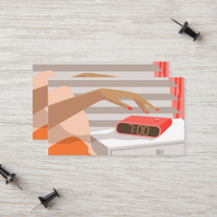 Womans hand pushing on alarm clock snooze button calling card