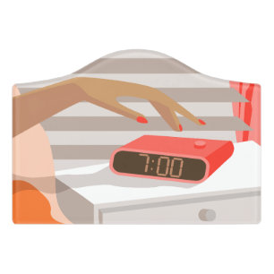 Womans hand pushing on alarm clock snooze button door sign