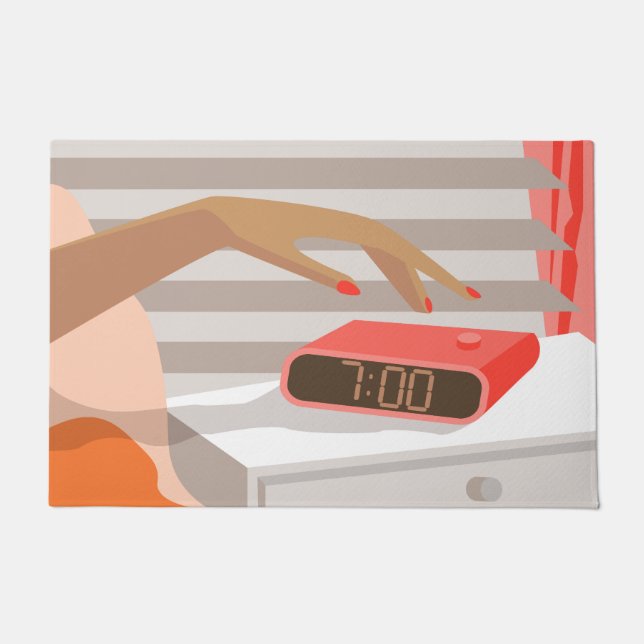 Womans hand pushing on alarm clock snooze button doormat (Front)