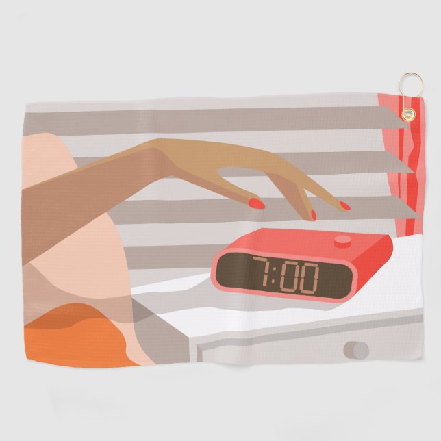 Womans hand pushing on alarm clock snooze button golf towel (Horizontal)