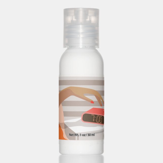 Womans hand pushing on alarm clock snooze button hand lotion (Front)