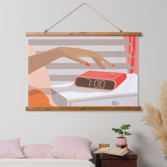 Womans hand pushing on alarm clock snooze button hanging tapestry (Bedroom)