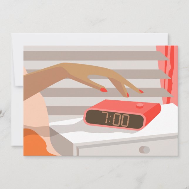 Womans hand pushing on alarm clock snooze button invitation (Front)