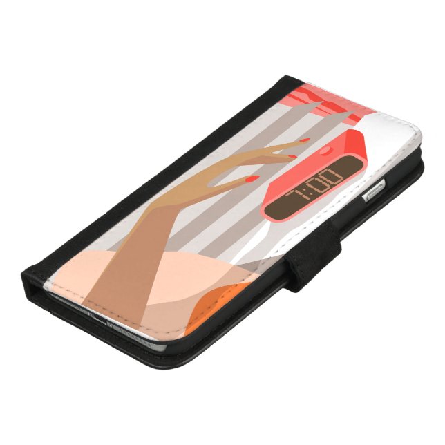 Womans hand pushing on alarm clock snooze button iPhone wallet case (Bottom)