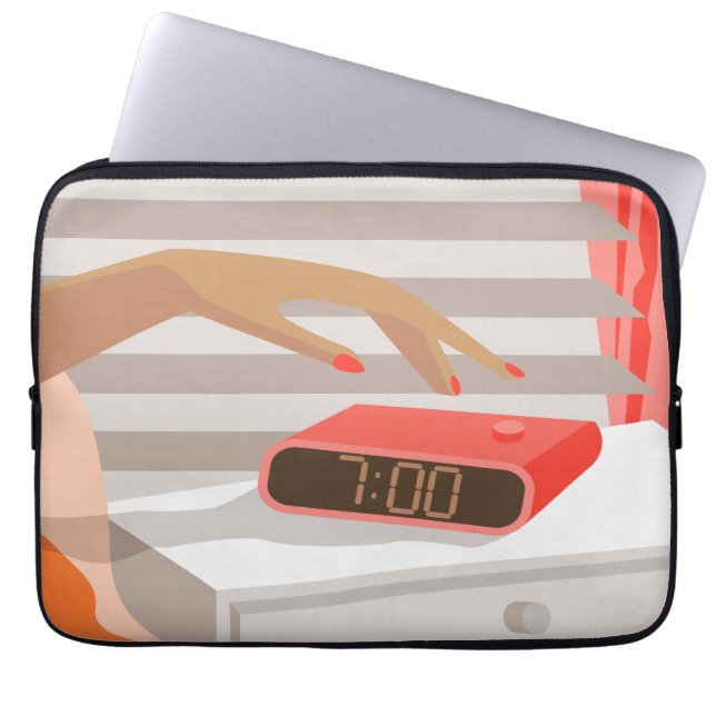 Womans hand pushing on alarm clock snooze button laptop sleeve (Front)