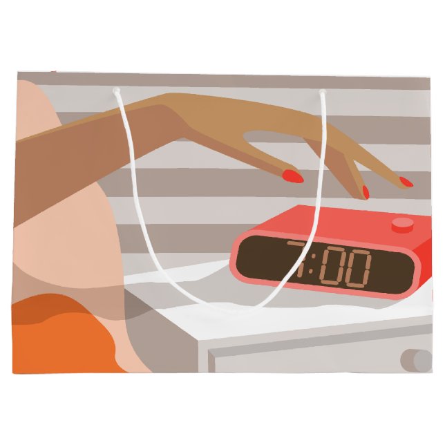 Womans hand pushing on alarm clock snooze button large gift bag (Back)