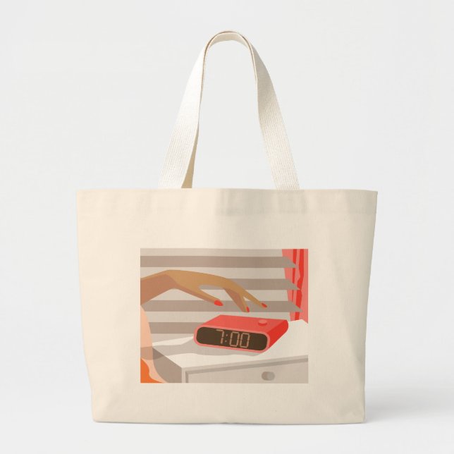 Womans hand pushing on alarm clock snooze button large tote bag (Front)