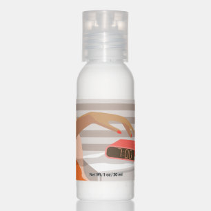 Womans hand pushing on alarm clock snooze button lotion