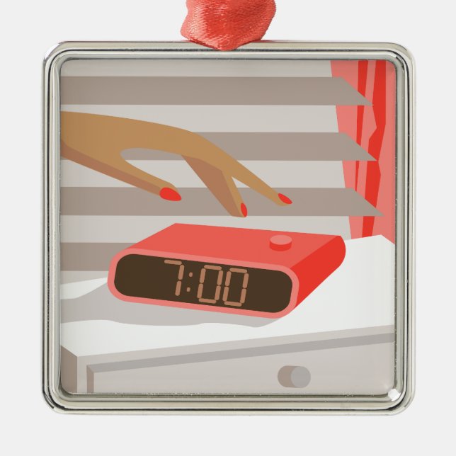 Womans hand pushing on alarm clock snooze button metal ornament (Front)