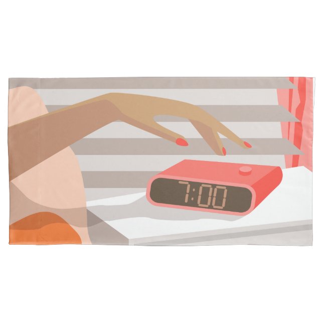 Womans hand pushing on alarm clock snooze button pillow case (Front)