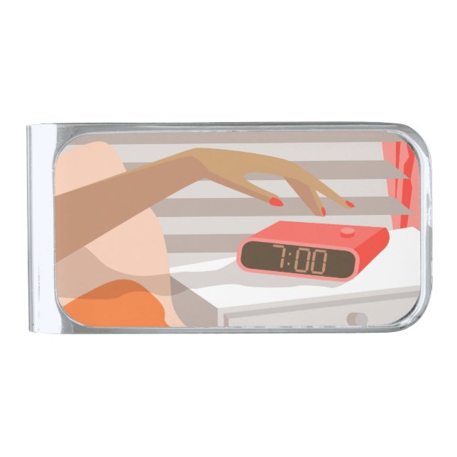 Womans hand pushing on alarm clock snooze button silver finish money clip (Front)
