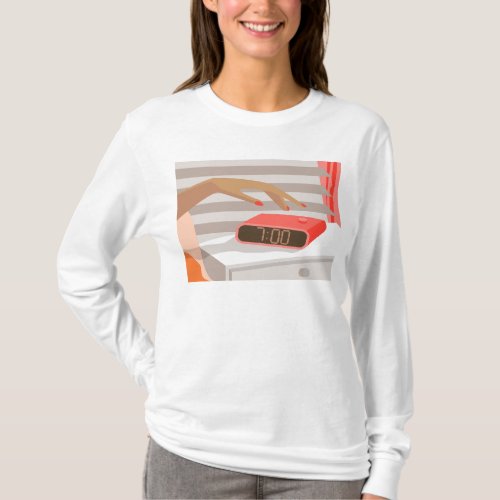 Womans hand pushing on alarm clock snooze button T_Shirt