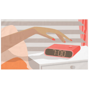 Womans hand pushing on alarm clock snooze button tablecloth