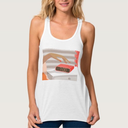 Womans hand pushing on alarm clock snooze button tank top