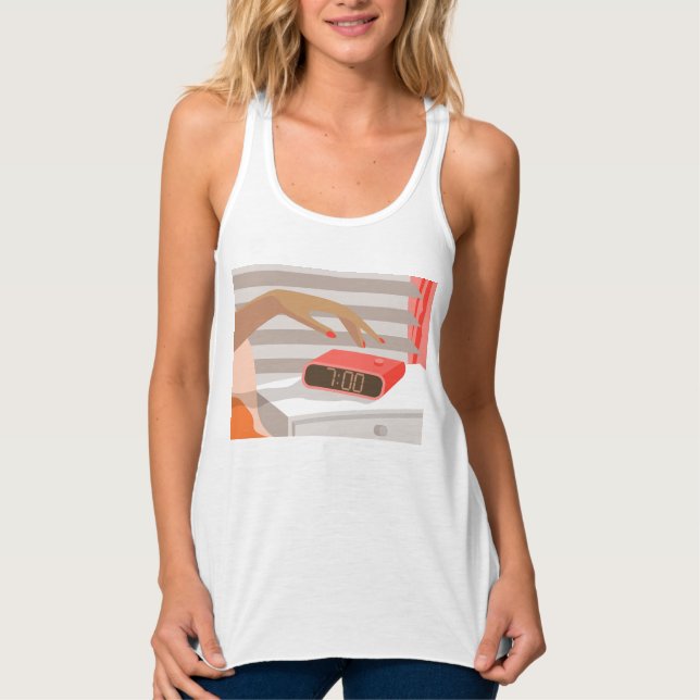 Womans hand pushing on alarm clock snooze button tank top (Front)