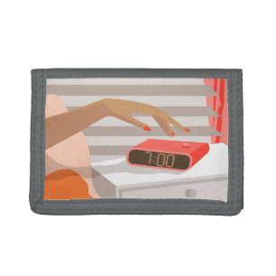 Womans hand pushing on alarm clock snooze button tri-fold wallet