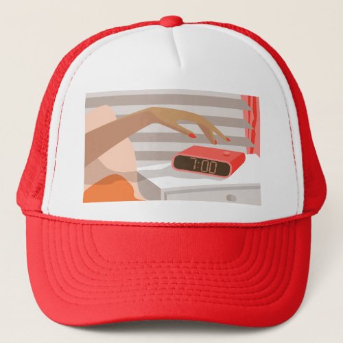 Womans hand pushing on alarm clock snooze button trucker hat