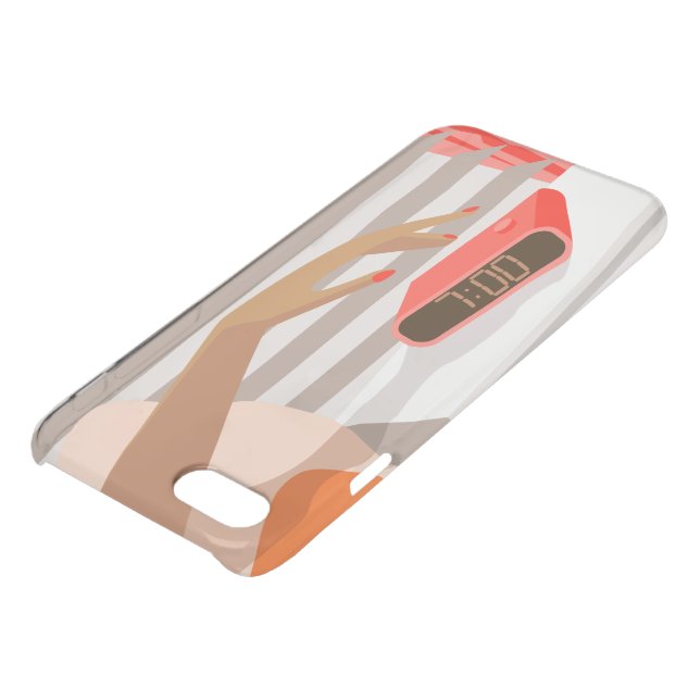 Womans hand pushing on alarm clock snooze button uncommon iPhone case (Top)