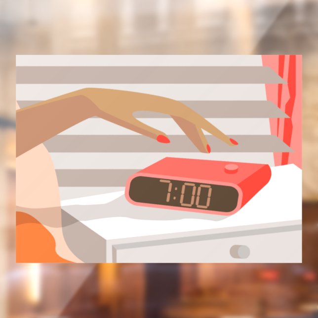 Womans hand pushing on alarm clock snooze button window cling (Sheet 2)