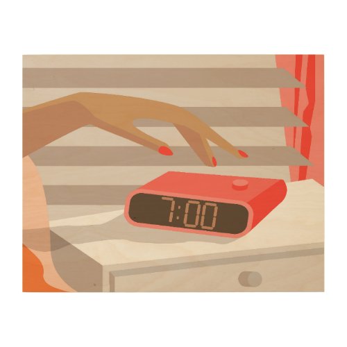 Womans hand pushing on alarm clock snooze button wood wall art