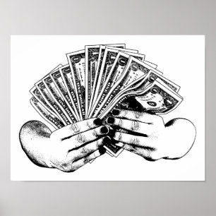 womans hands holding dollar bills cash ink art poster
