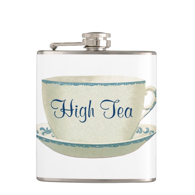 Woman's High Tea Time Blue Tea Cup Disguised Funny Hip Flask (Front)