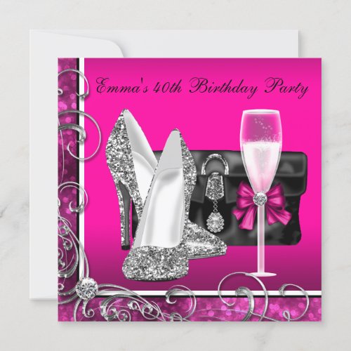 Womans Hot Pink 40th Birthday Party Invitations