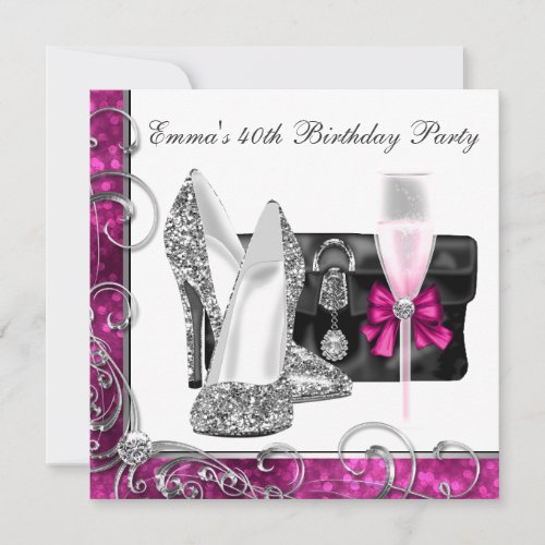 Womans Hot Pink 40th Birthday Party Invitations